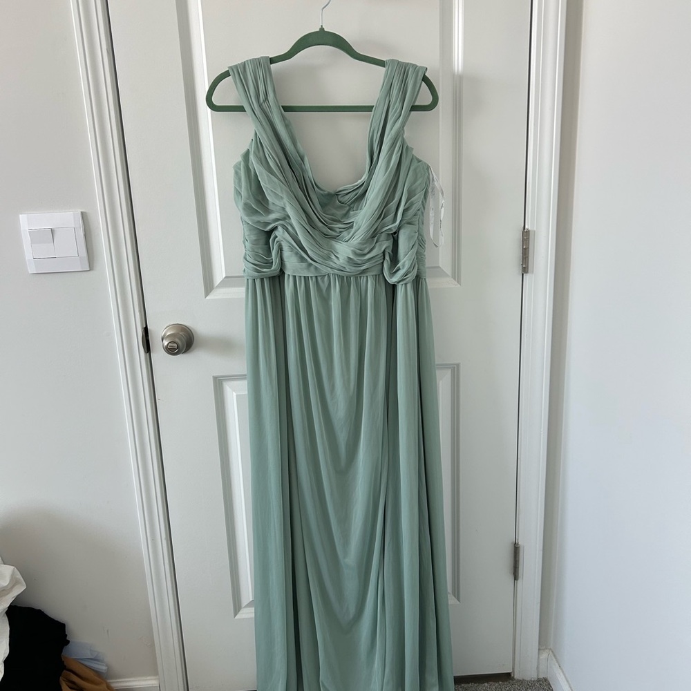 David’s Bridal Crisscross Off-the-Shoulder Mesh Dress in Dusty Sage